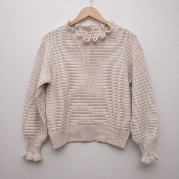 Madewell Ruffle-Neck Pullover Sweater in Cotton-Merino Yarn Cream Size Medium - Picture 2 of 13